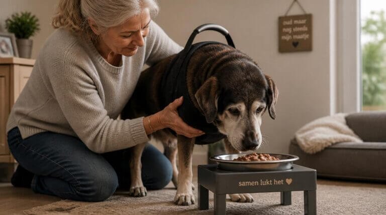 Vrouw helpt senior hond met eten uit verhoogde voerbak, gebruikt ondersteuningsharnas, warme huiselijke sfeer