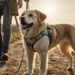 Senior hond wandelt met zijn baasje in de natuur — symbool voor beweging, gezondheid en verbondenheid.