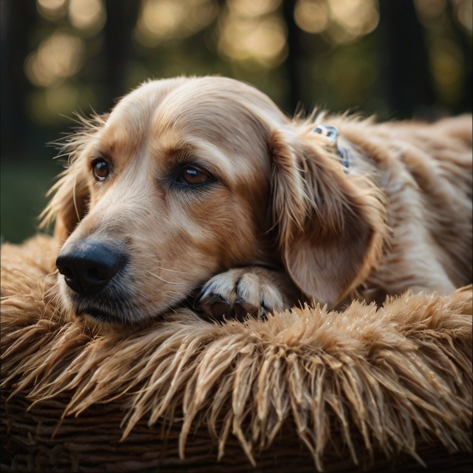 Senior golden retriever rust in warm licht — symbool voor emotioneel welzijn en comfort bij oudere honden.