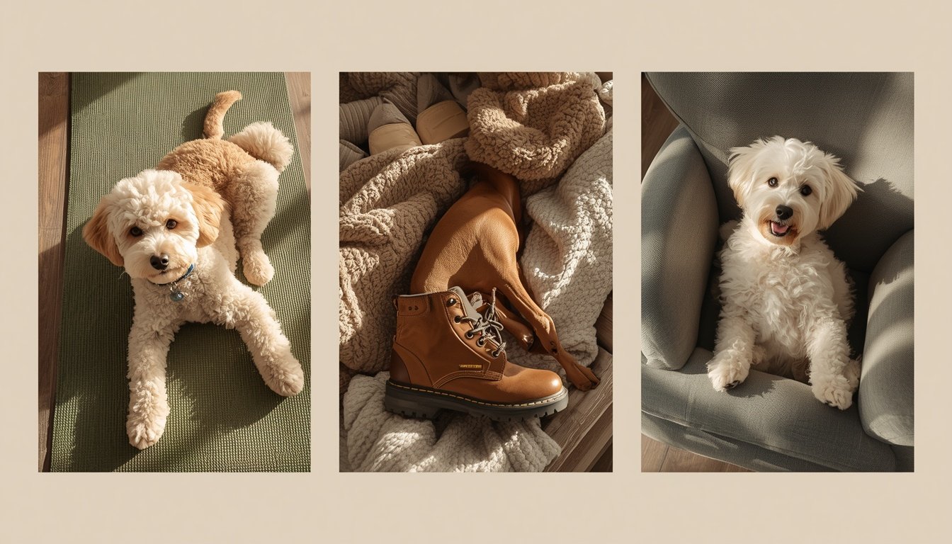 Drie‑luik met honden en laarzen op plaid — symbool voor warmte, comfort en verbondenheid bij senior honden.