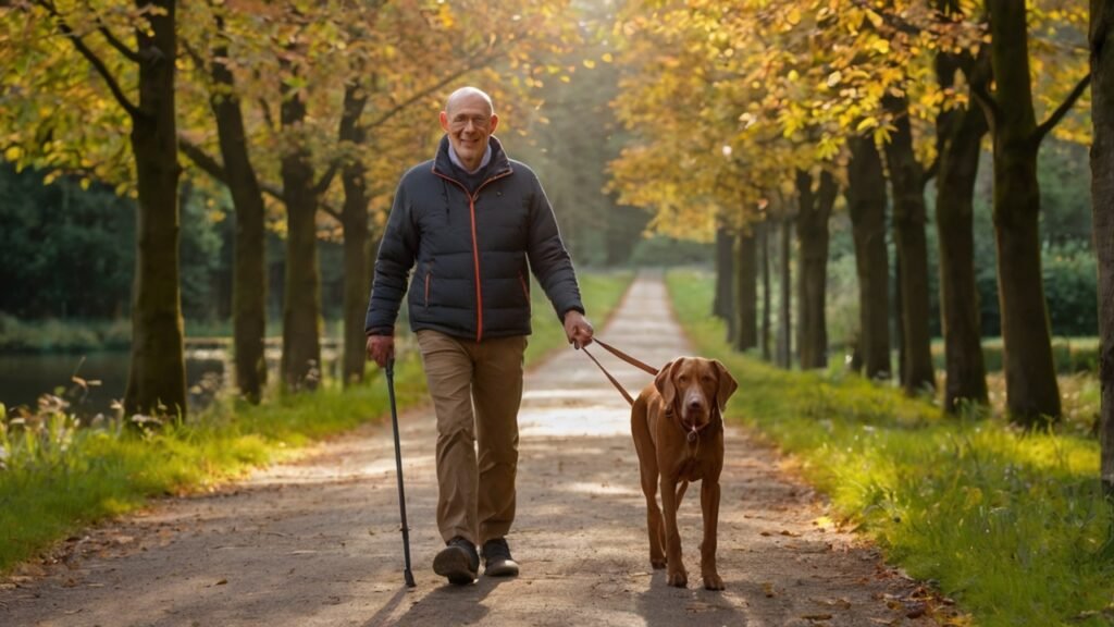 Oudere man wandelt met zijn Vizsla‑hond aan een ondersteunend heupharnas over een herfstpad omringd door bomen in warm zonlicht.