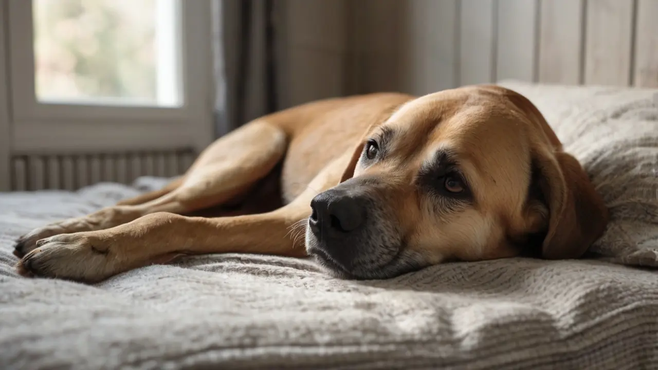 Senior hond rust op bed — symbool voor comfort, herstel en welzijn bij oudere honden.
