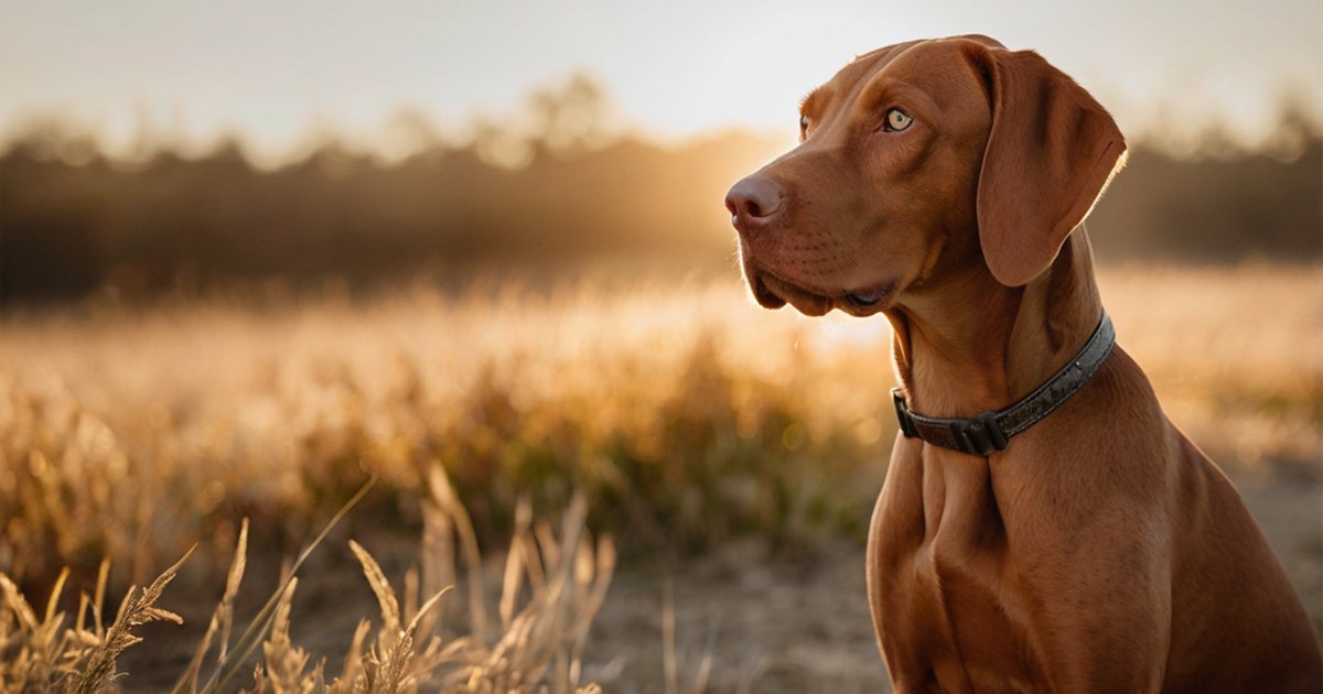 Senior hond zit rustig in warm avondlicht in een natuurlijke omgeving.