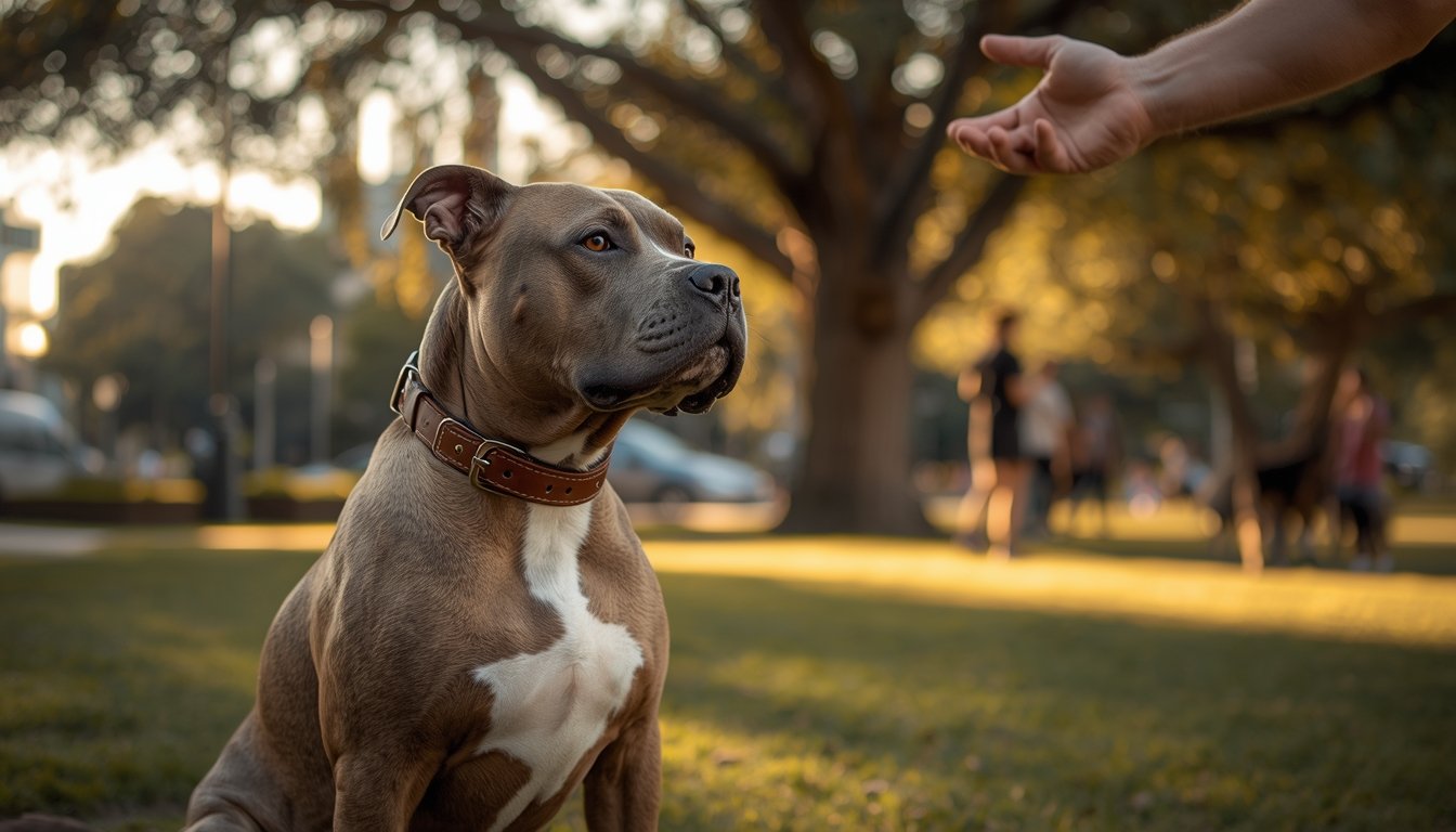 Hond kijkt aandachtig naar eigenaar in park.