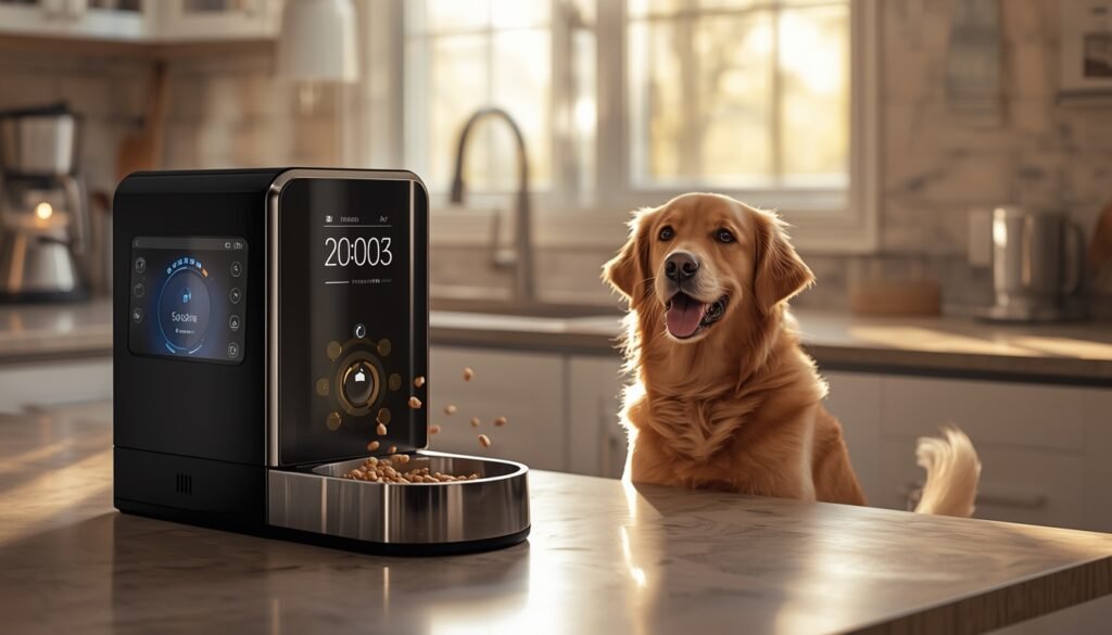 Senior golden retriever kijkt blij naar een moderne automatische voerbak die hondenvoer uitdeelt in een warme keuken.
