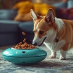 Corgi speelt met interactieve slowfeeder — eet- en drinkhulp voor senior honden.