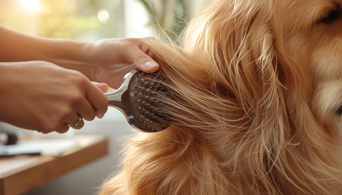 Close‑up van het borstelen van de lange, gouden vacht van een senior hond in daglicht.
