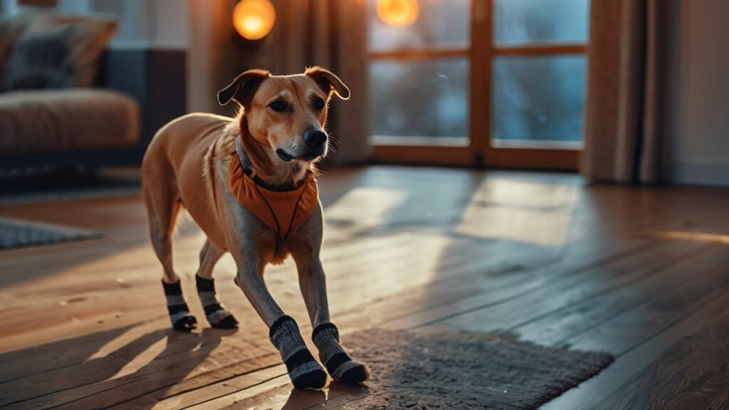 Senior hond draagt antislipsokken en bandana in warme woonkamer, symbool voor comfort en veiligheid binnenshuis.