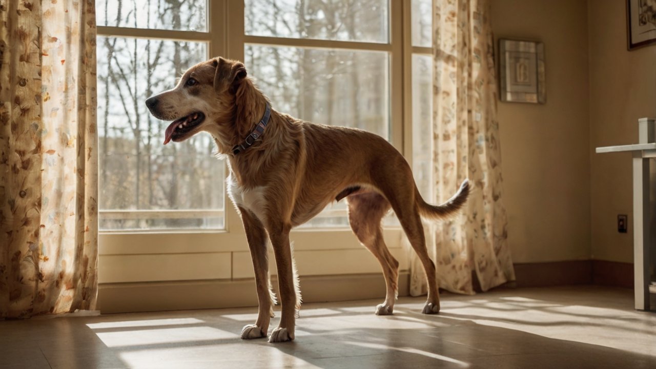 Senior hond loopt veilig over een antislipvloer — stabiliteit en grip voor oudere honden.