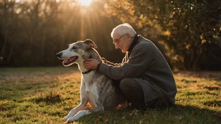Oudere man knielt naast senior hond in warm zonlicht, symbool voor verbinding en zorg.
