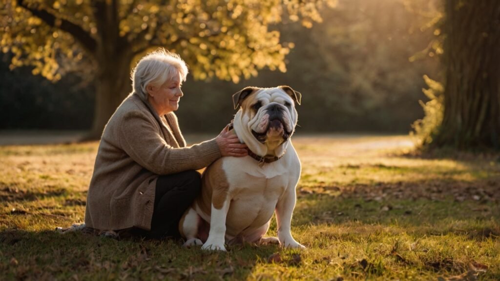 Oudere eigenaar verzorgt rustige Engelse bulldog in warme herfstzon.
