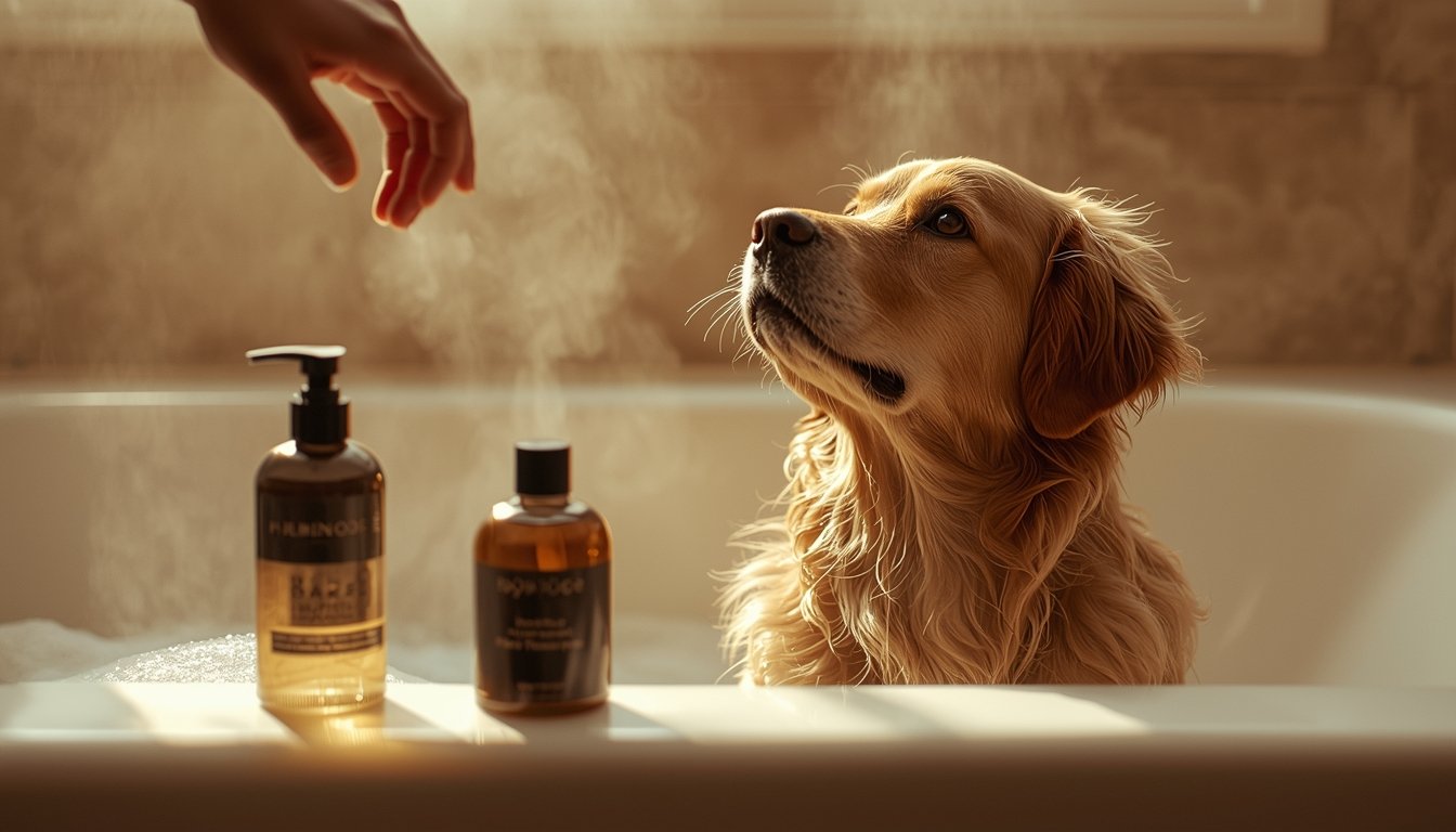 Senior golden retriever zit in bad en kijkt omhoog naar eigenaar, omringd door verzorgingsproducten