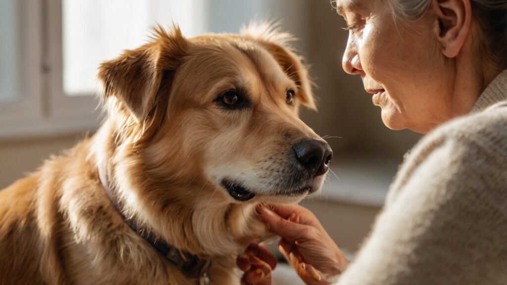 Senior hond krijgt liefdevolle verzorging van eigenaar in warme, huiselijke omgeving