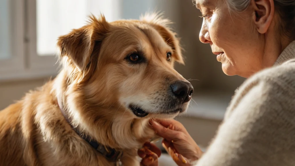 Senior hond krijgt liefdevolle verzorging van eigenaar in warme, huiselijke omgeving