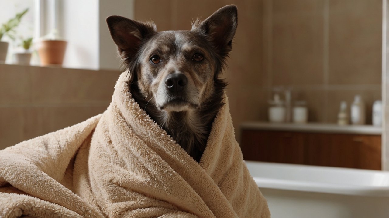 Senior hond gewikkeld in zachte beige handdoek na verzorging in badkamer.