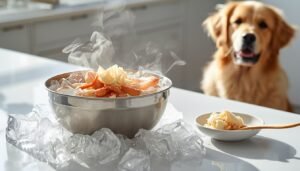Senior hond kijkt naar een schaal met verse ingrediënten op ijs, symbool voor gezonde voeding.