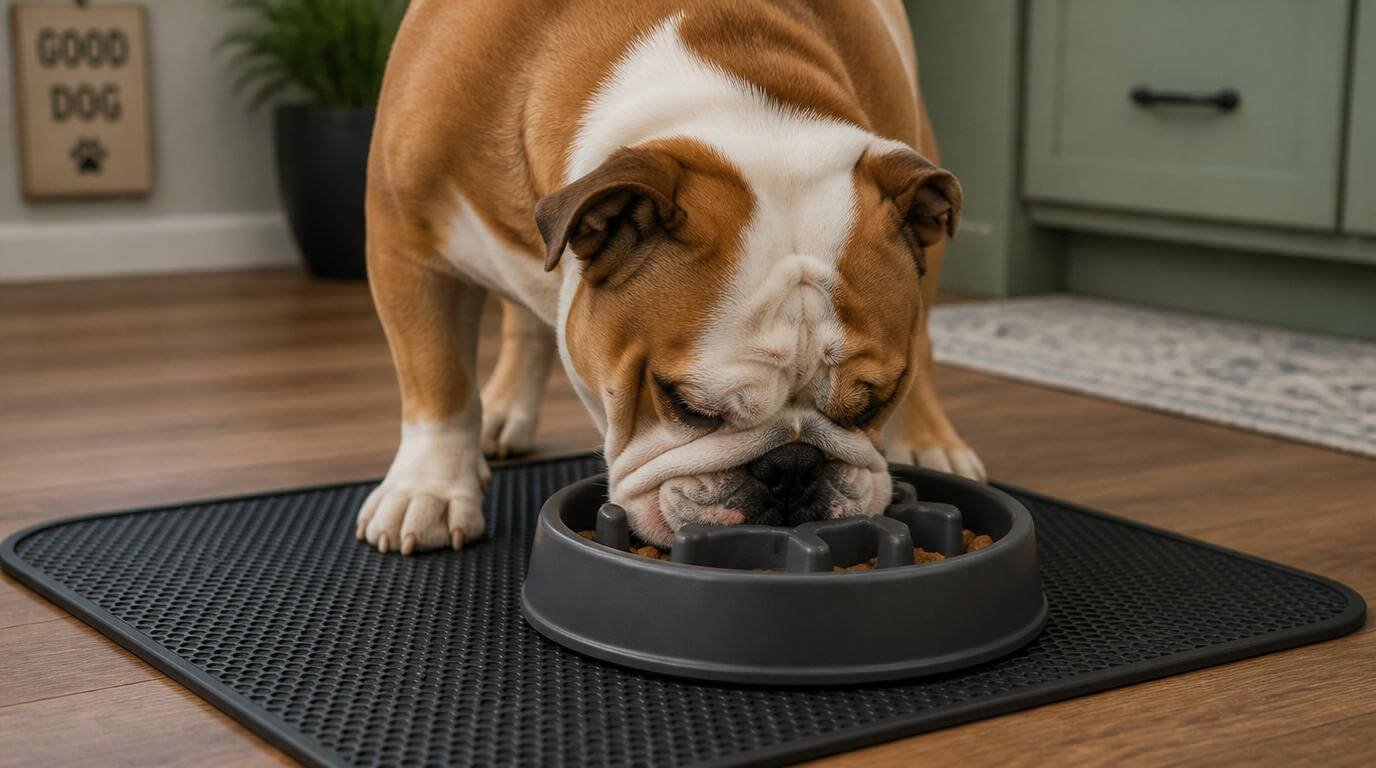 Bulldog eet uit grijze slowfeeder op zwarte antislipmat op houten vloer