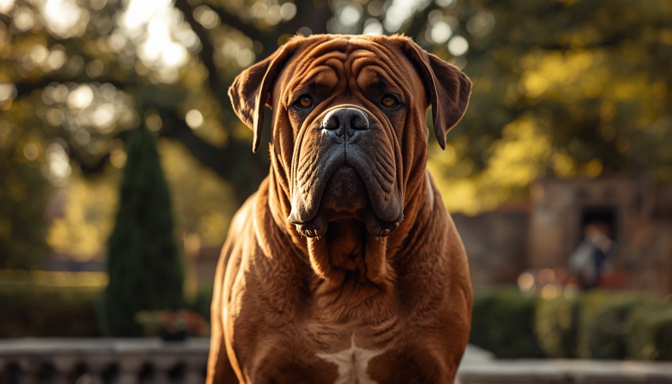 Dogue de Bordeaux senior hond in warm namiddaglicht buiten