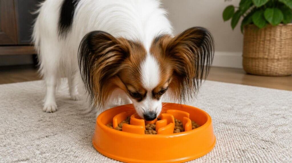 Papillon eet uit oranje slowfeeder op licht tapijt in huiselijke omgeving