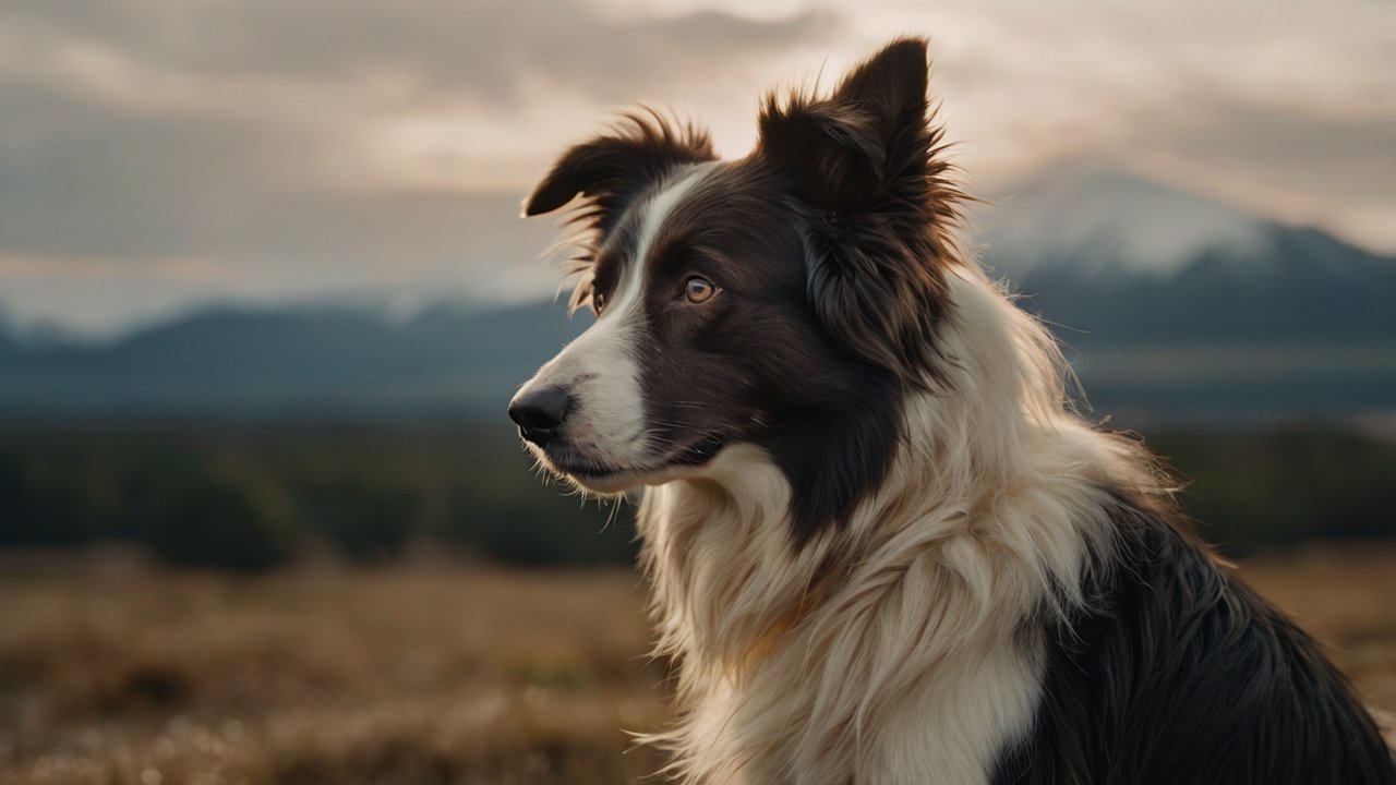 Oudere Border Collie zit rustig buiten met zachte blik, symbool voor vertrouwen en zorg bij senior honden.