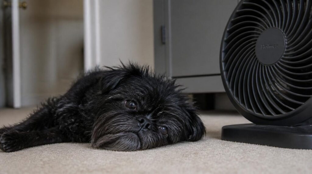 Senior Affenpinscher ligt op de vloer bij een zwarte ventilator om af te koelen in huis