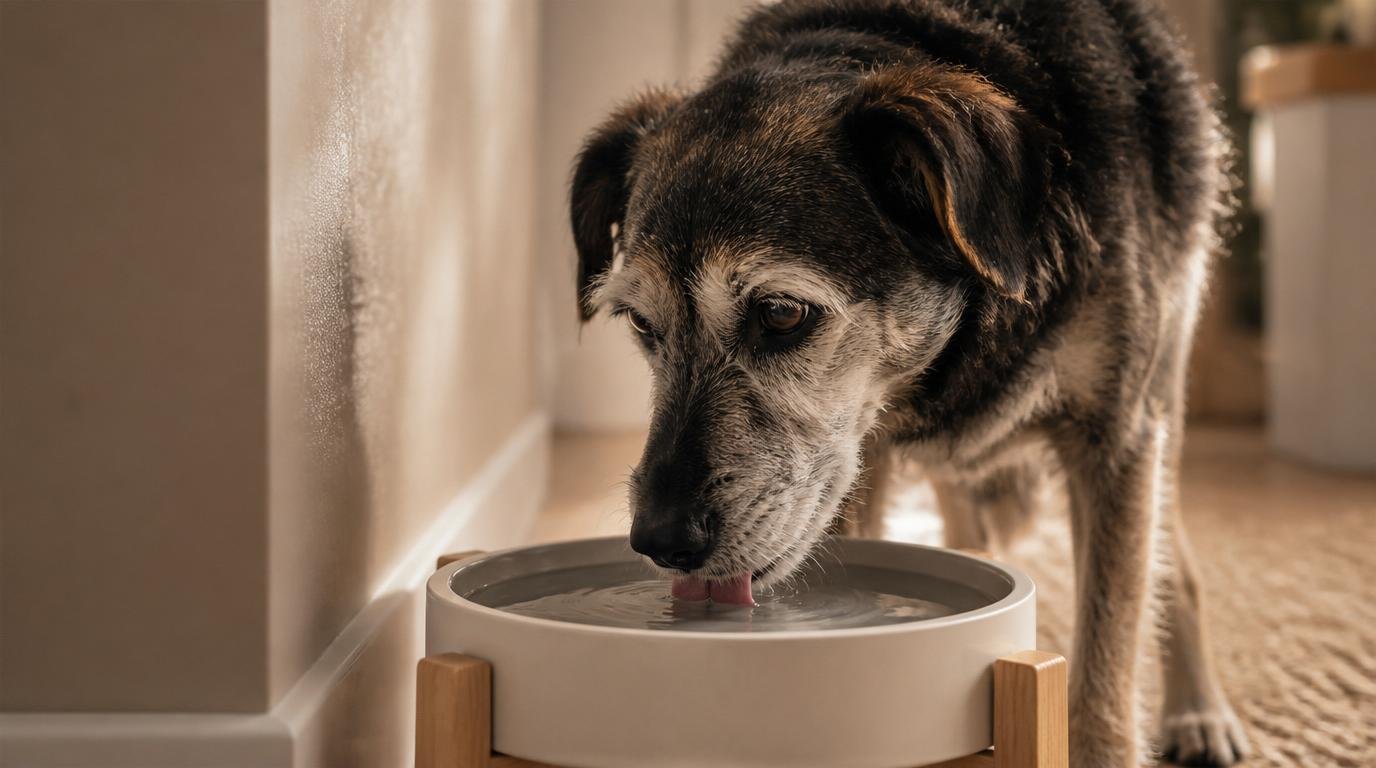 Senior hond met grijze vacht drinkt water uit verhoogde houten kom binnenshuis