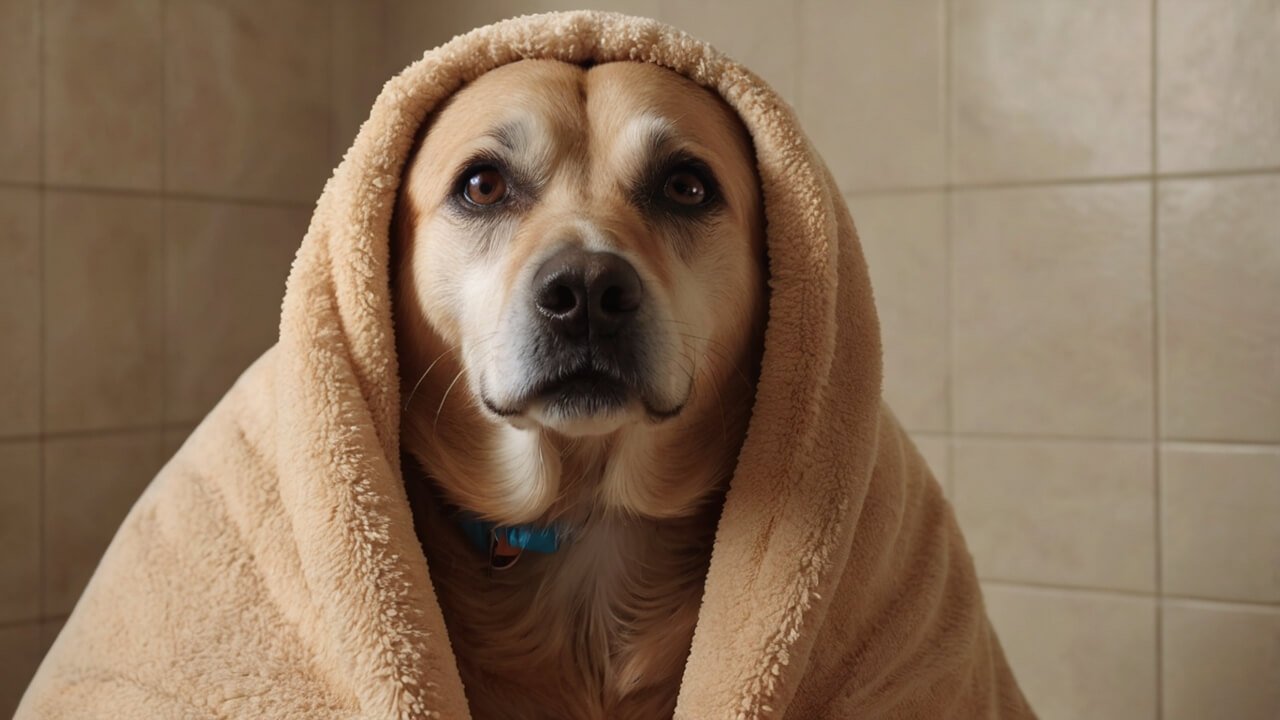Senior hond gewikkeld in zachte beige handdoek na verzorgingsmoment