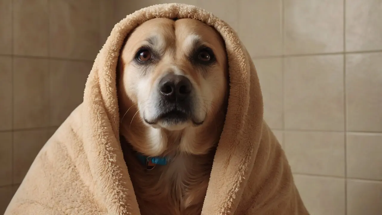 Senior hond gewikkeld in zachte beige handdoek na verzorgingsmoment