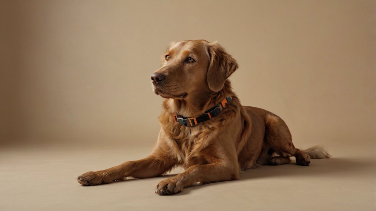 Senior hond met gouden vacht ligt rustig op beige achtergrond — symbool voor comfort en vertrouwen.