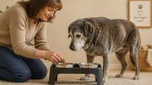 Vrouw helpt senior hond met grijze vacht bij eten uit verhoogde voerbak