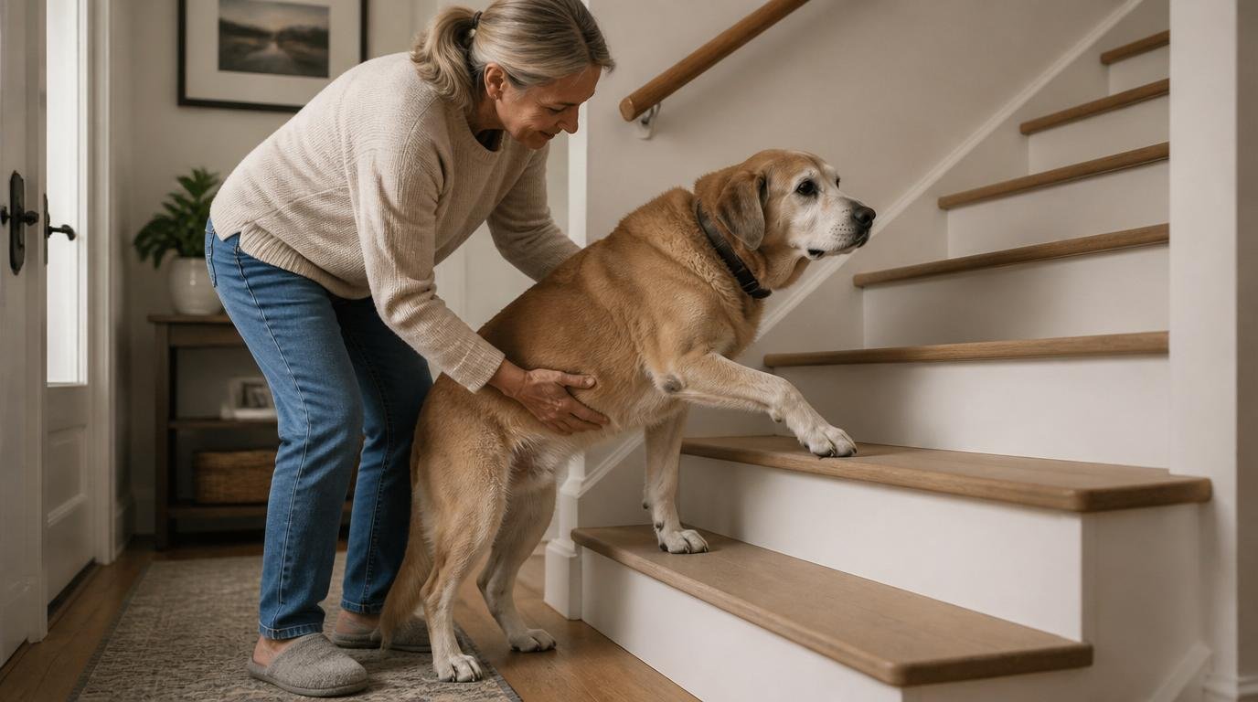 Vrouw helpt senior hond met lichtbruine vacht voorzichtig de trap op in huis