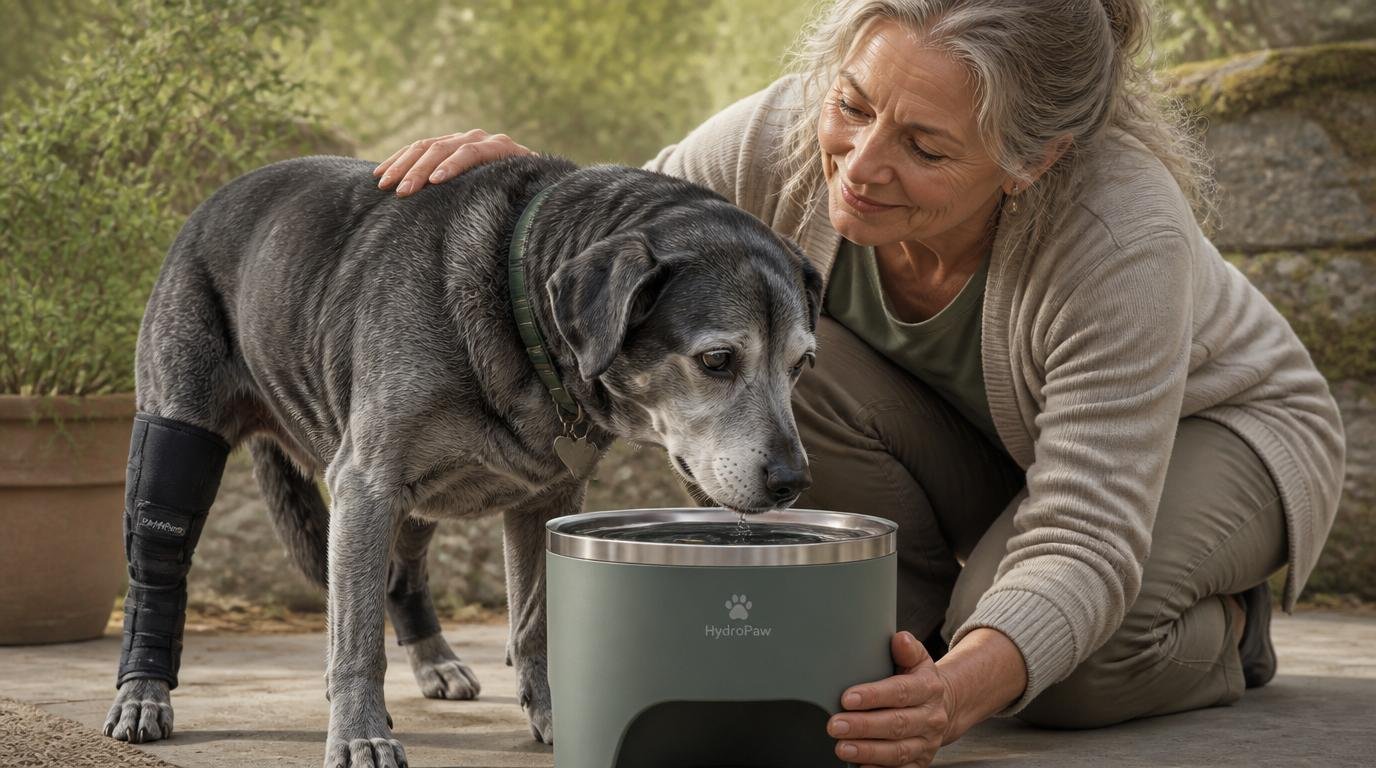 Vrouw helpt senior hond met grijze vacht en steunbraces drinken uit HydroPaw‑kom buiten
