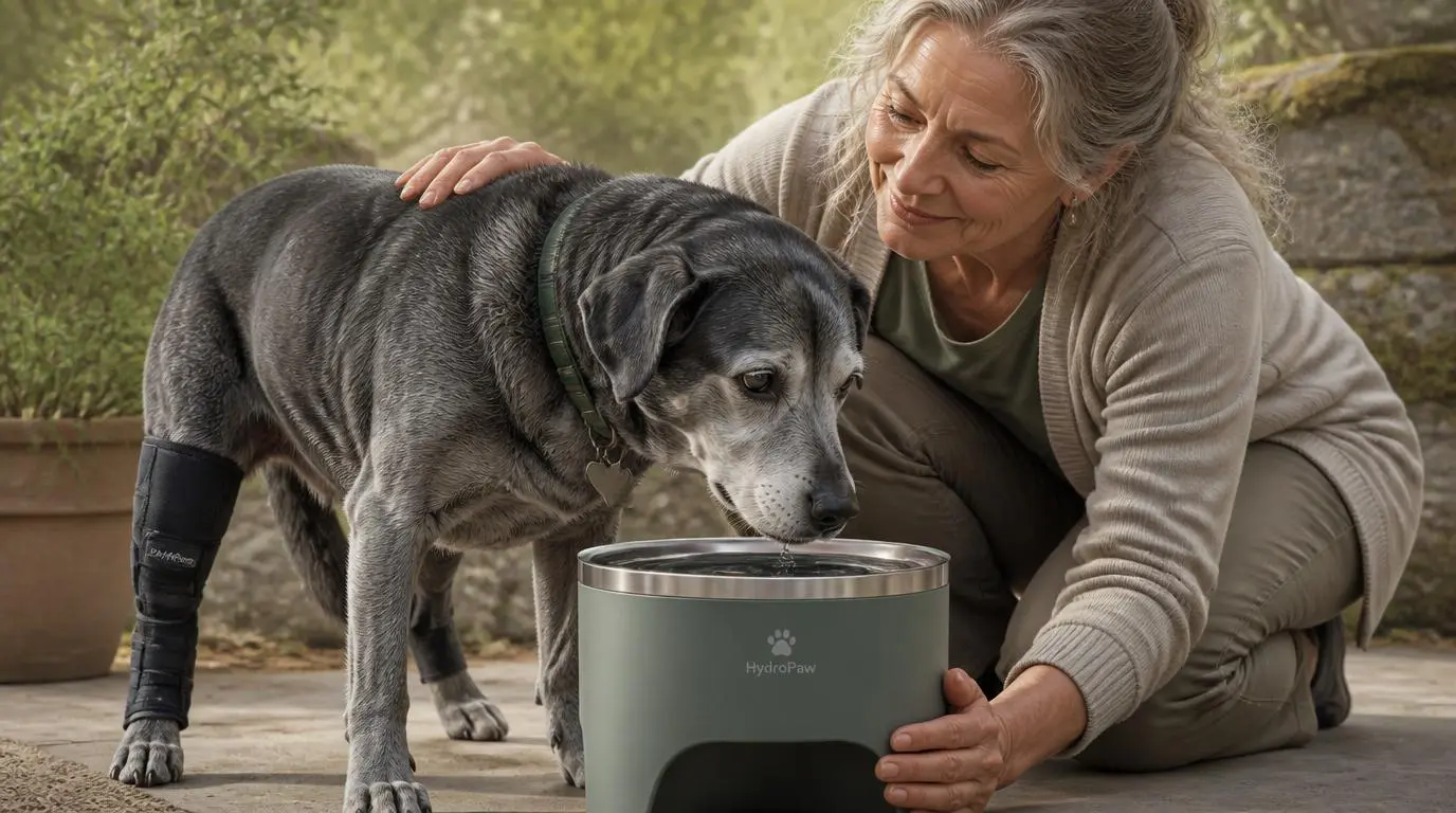 Vrouw helpt senior hond met grijze vacht en steunbraces drinken uit HydroPaw‑kom buiten