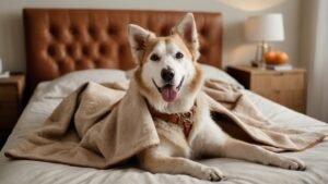 Senior hond met lichte vacht ligt ontspannen onder beige deken op bed in warme slaapkamer
