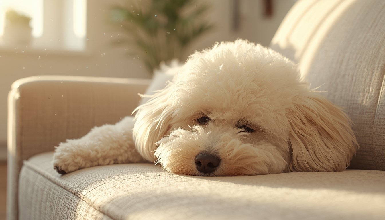 Senior hond met lichte vacht rustend op een beige bank in warme middagzon.