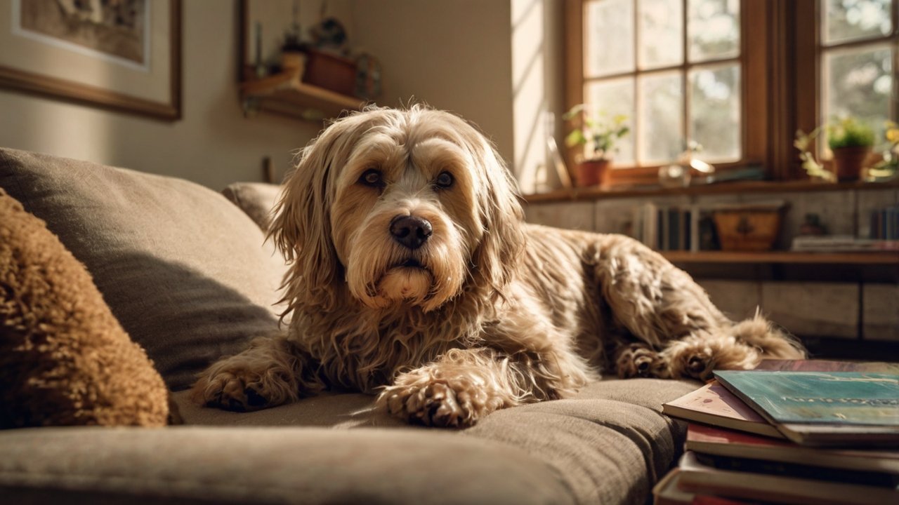 Senior hond met lange, lichte vacht rustend op een bank in warme huiskamer.