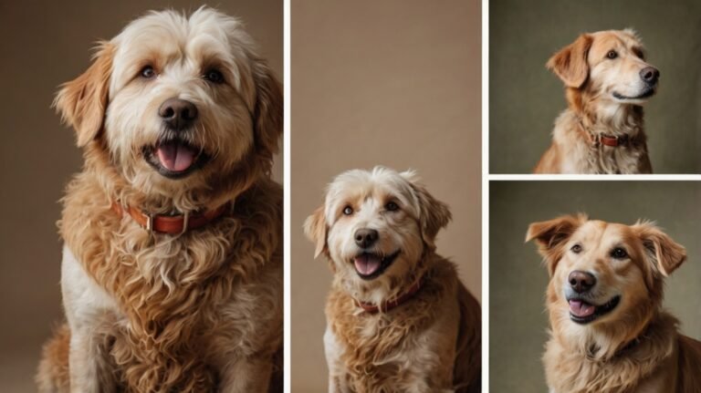 Drie senior honden in een warme, rustige studio‑setting — symbool voor liefdevolle zorg en comfort.