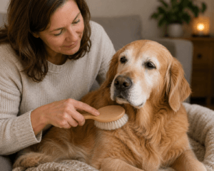 Vrouw borstelt de vacht van een senior Golden Retriever met houten borstel in warme sfeer
