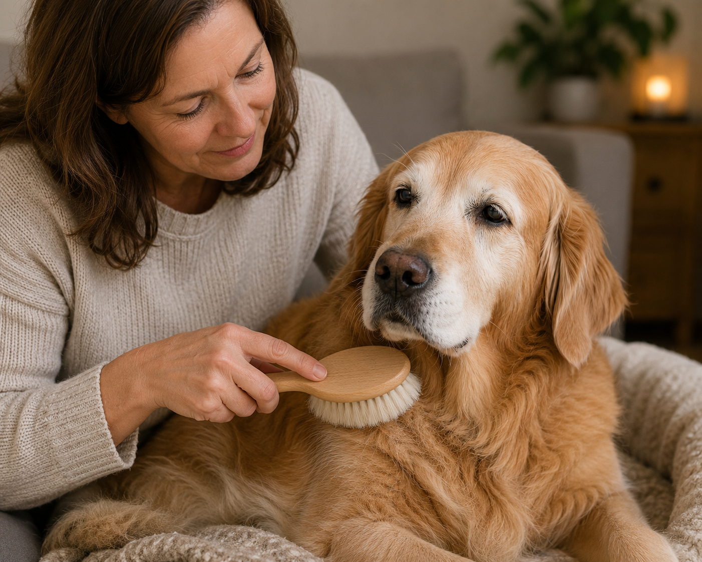 Vrouw borstelt rustig de vacht van een senior Golden Retriever in warme huiselijke sfeer