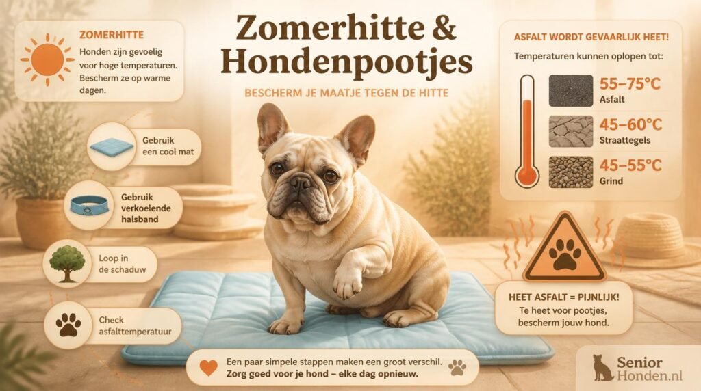 Infographic over bescherming van honden tegen zomerhitte met tips en temperatuurwaarschuwingen voor asfalt