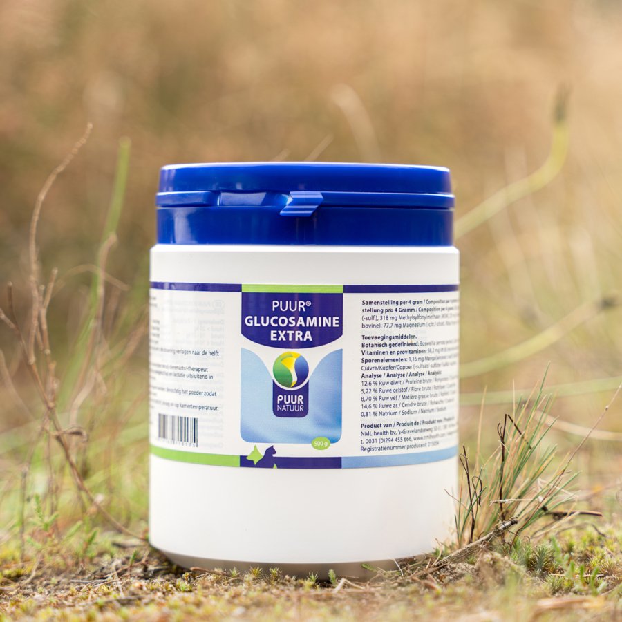 Puur Glucosamine Extra‑supplement voor oudere honden, gefotografeerd buiten in natuurlijke omgeving.
