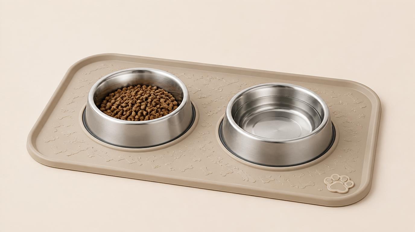 Twee RVS‑bakken op een beige antislipmat – symbool voor hygiëne en stabiliteit bij senior honden