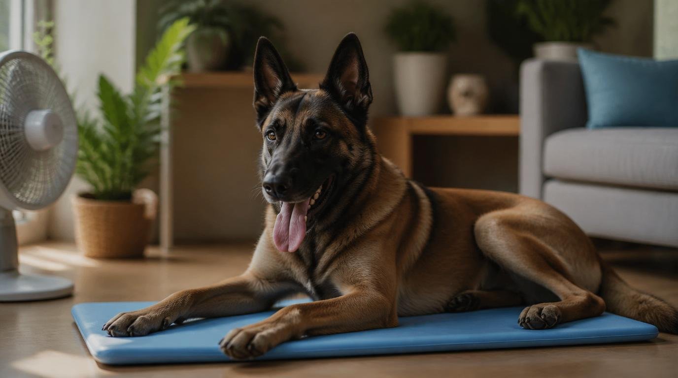 Belgische herder ligt ontspannen op een blauwe koelmat in de woonkamer met ventilator op de achtergrond
