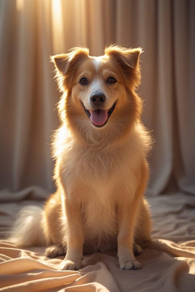 Vrolijke lichtbruine hond kijkt recht in de camera, symbool voor gezondheid en verzorging bij senior honden.