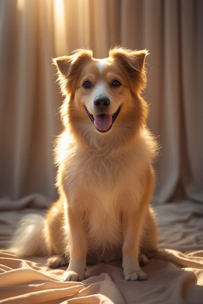 Vrolijke lichtbruine hond kijkt recht in de camera, symbool voor gezondheid en verzorging bij senior honden.