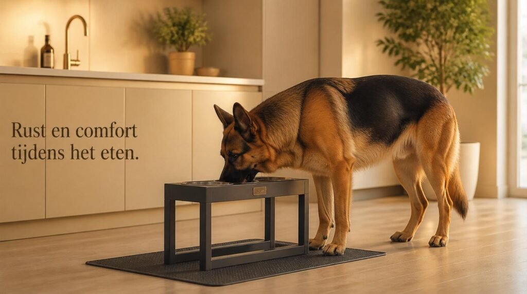 Duitse herder eet rustig uit verhoogde voerbak in moderne keuken, symbool voor comfort en verzorging bij senior honden.