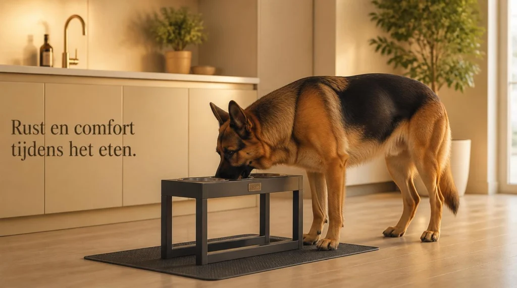 Duitse herder eet rustig uit verhoogde voerbak in moderne keuken, symbool voor comfort en verzorging bij senior honden.