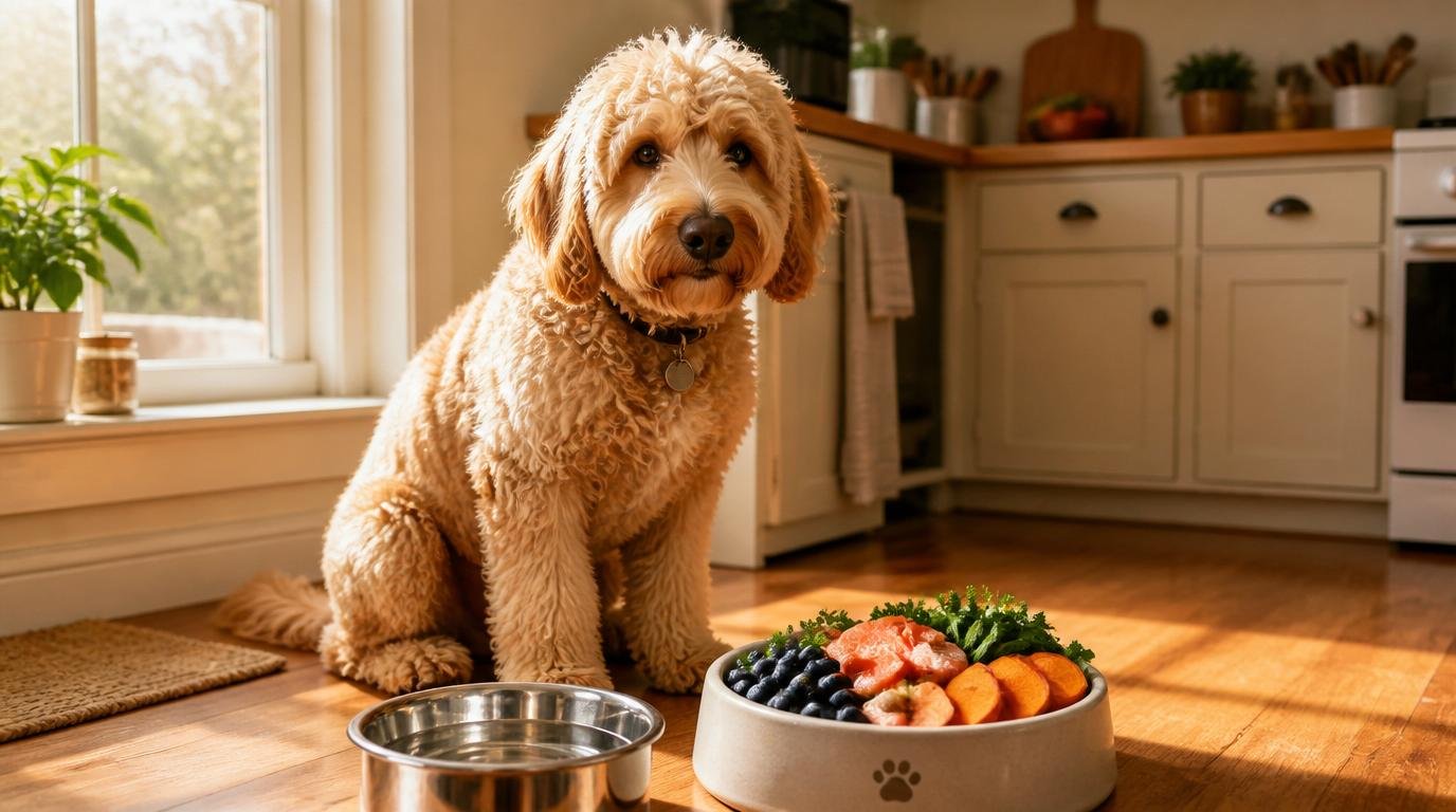 Fluffy hond zit in zonovergoten keuken naast een kleurrijke voerbak met verse ingrediënten – symbool voor gezonde voeding en verzorging