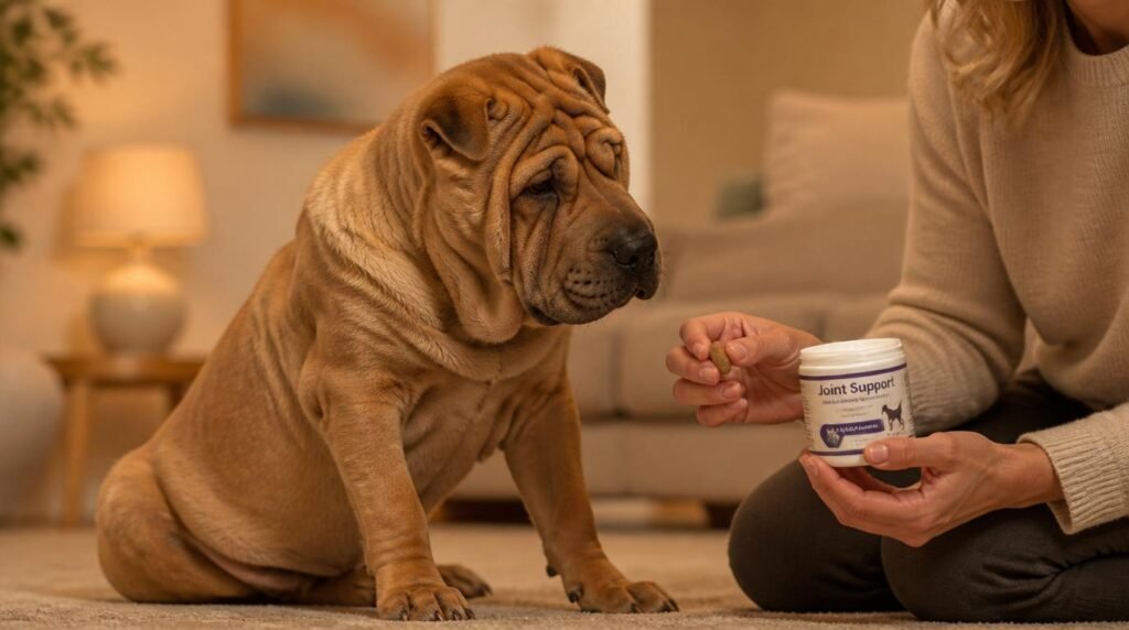 Baasje geeft Joint Support‑supplement aan oudere hond in warme woonkamer, symbool voor zorg en mobiliteit.