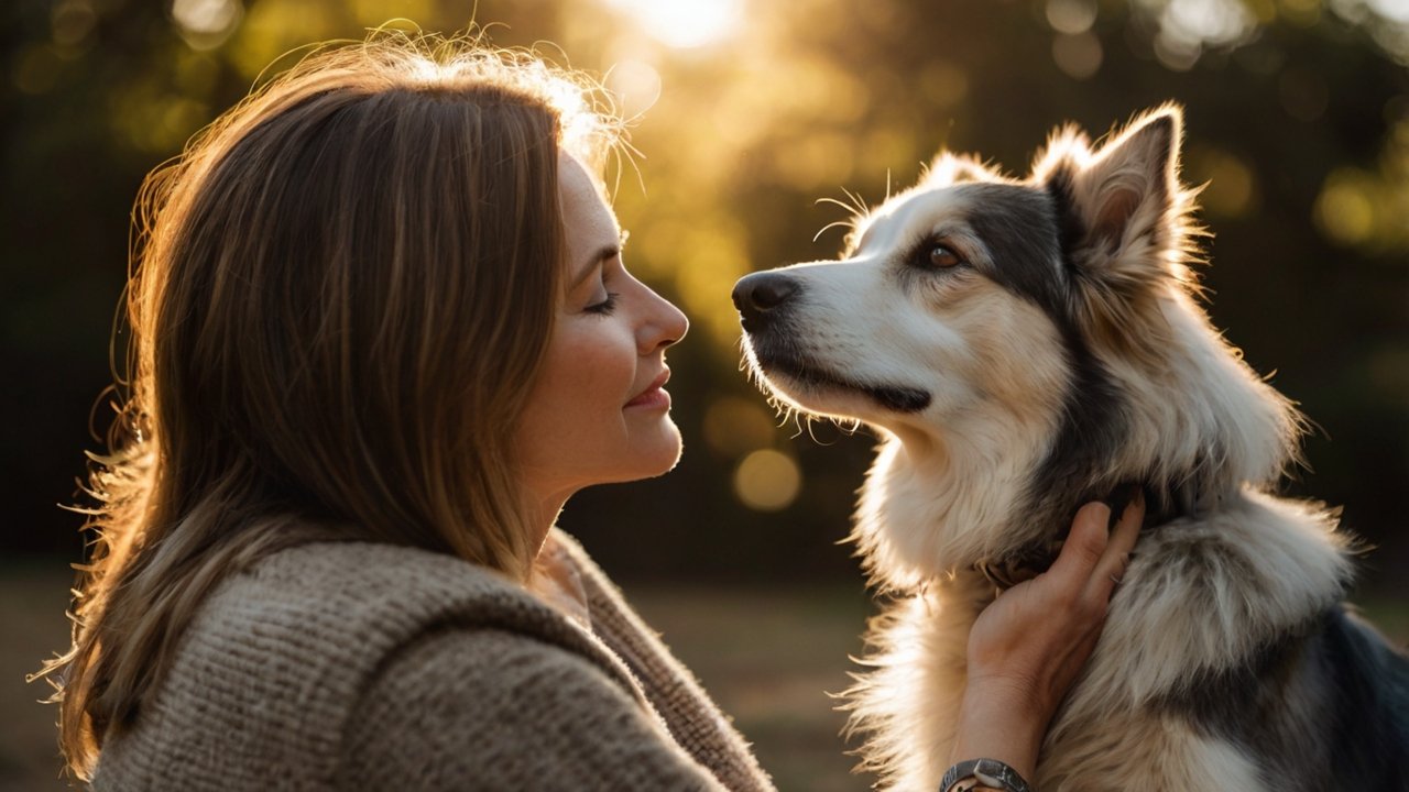 Vrouw kijkt liefdevol naar haar senior husky‑achtige hond in het park bij zonsondergang, symbool voor zorg en verbondenheid tussen mens en dier